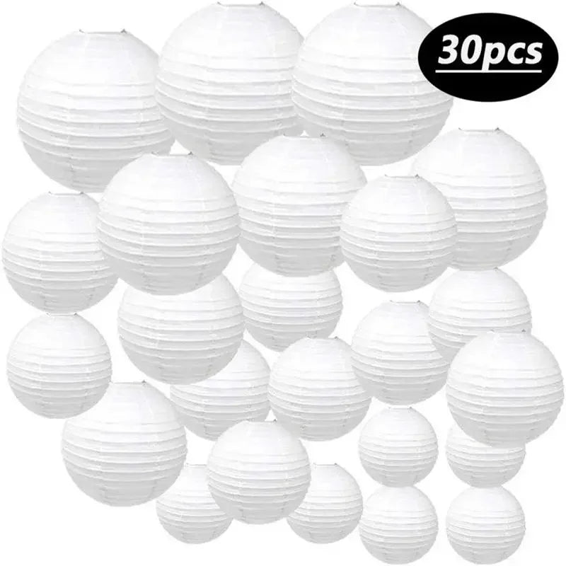 30pcs White Paper Lantern Ball Hanging Round Handmade Lanterns For Wedding Birthday Party Holiday Decorations Multiple Colour