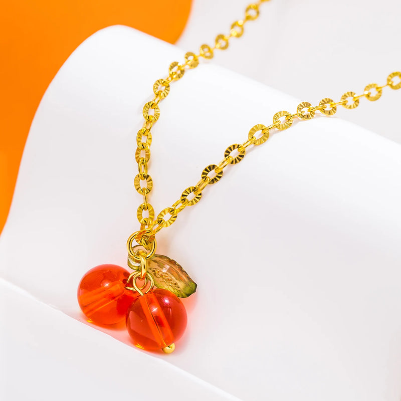 Elegant Red Cherry Bead Pendant Necklace for Women Exquisite 18K Gold Color Plated Stainless Steel Chain Jewelry Gifts