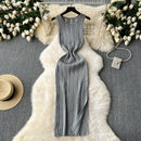 Green New Summer Knit Sexy Strap Dress Women Tank Elatic Waist Bodycon Sundress Female Beach Split Maxi Long Dress