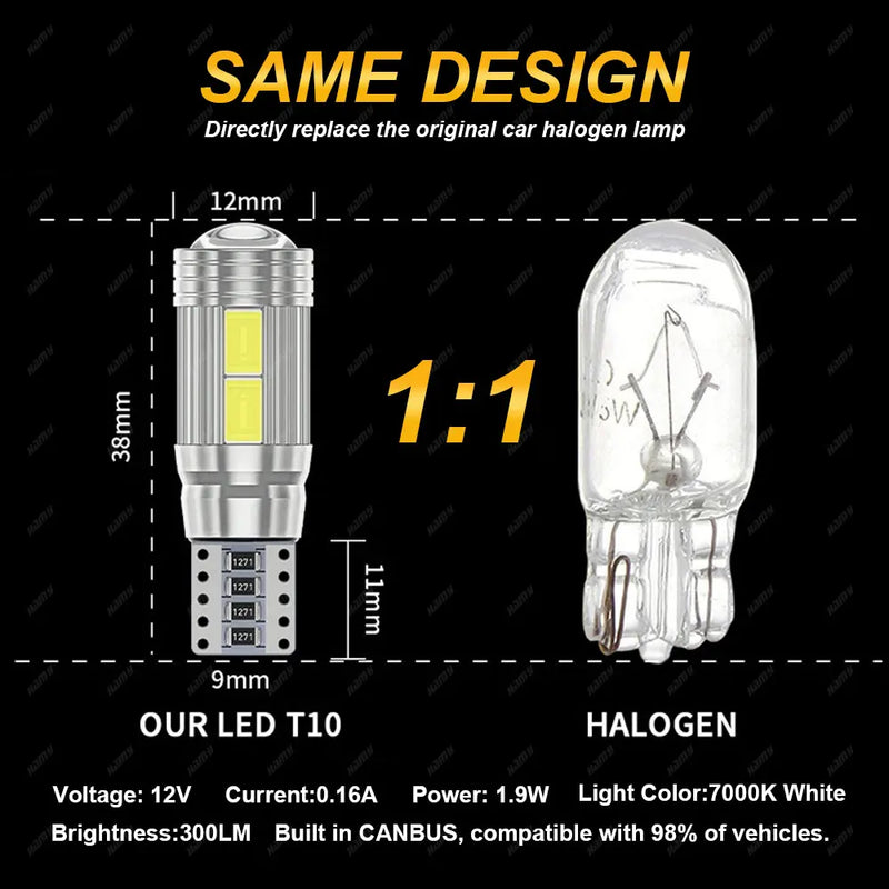 2 PCS T10 W5W 194 LED Bulbs For Car LED Signal Light Canbus Error Free 12V 10SMD 6500K White Wedge Side Trunk License Plate Lamp