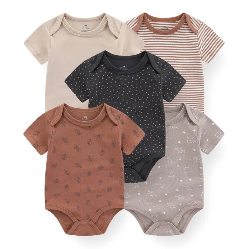 Kiddiezoom 5pcs Summer Short Sleeve Baby Boy Girl Bodysuits Soft Cartoon Newborn Baby Onesie