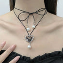 Exaggeration Retro Elegant Trendy Pink Black Bow Tie Love Metal Heart Necklace Ribbon Pearl Pendant Necklace for Women Jewelry