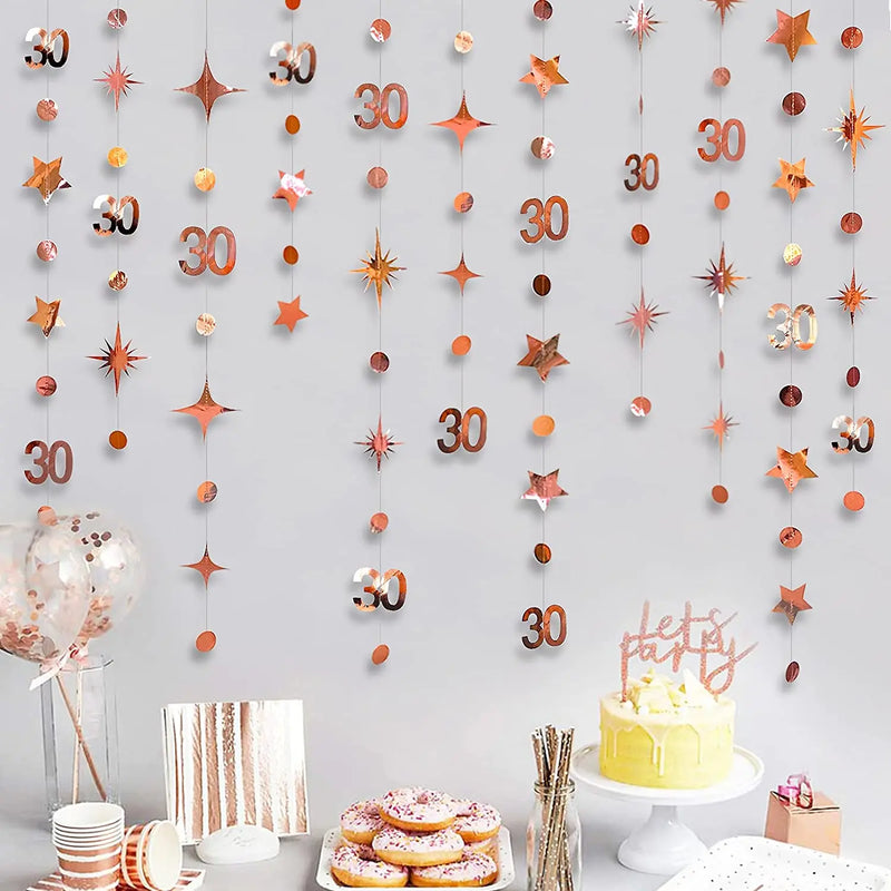 Gold 30th Happy Birthday Party Paper Banners Decorations Number 30 Year Old Circle Dots Twinkle Star Garlands Hanging Backdrops