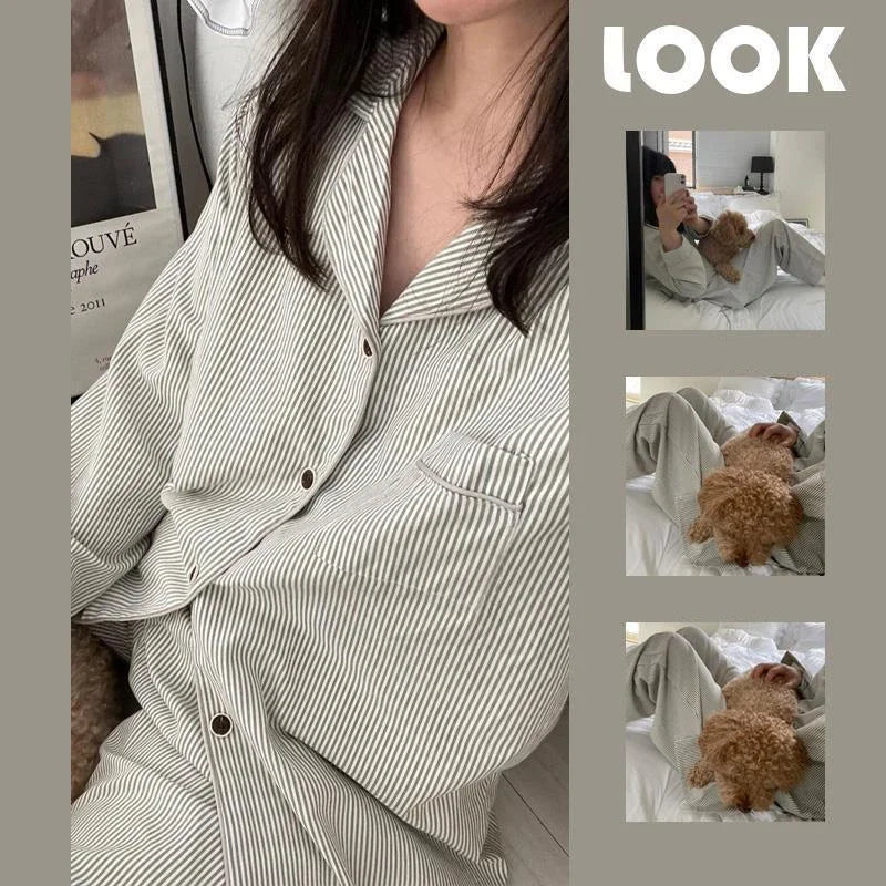Striped Sleepwear Women Pajama Sets Korean Piiama Pants Sets for Women 2 Pieces Button Night Wears Long Sleeve Home Suit pigma