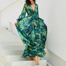 Women'S Temperament V-Neck Backless Dresses Summer Boho Green Leaf Print Maxi Dress For Beach Elegant Pleated Sundress Vestidos