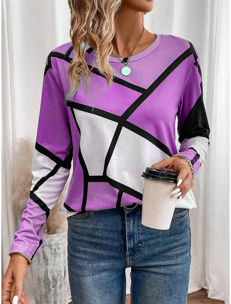 Fashion Women's T shirt Tee Color Block 3D Print Daily Sweatshirt Casual Long Sleeve t shirt Crew Neck Spring Fall sportswear