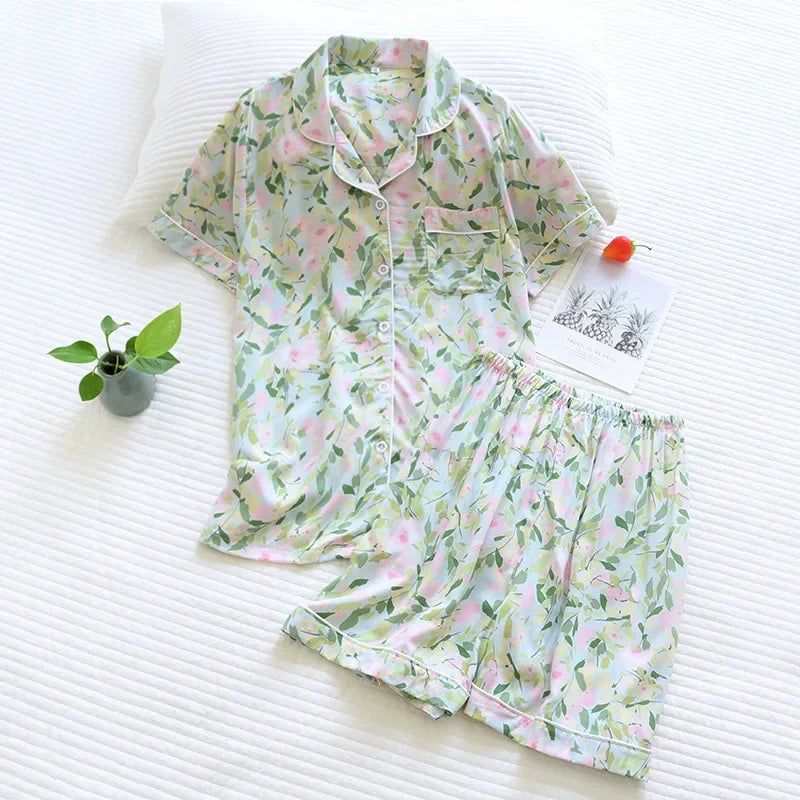 Summer new ladies pajamas suit viscose buckle comfortable man-made cotton short-sleeved shorts two-piece home service set women