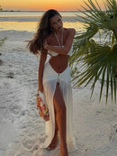 Hollow Out Backless Halter Split Long Dress Women Lace Up Off Shoulder Pleated Patchwork Holiday Dresses Party Sexy Beach Robe