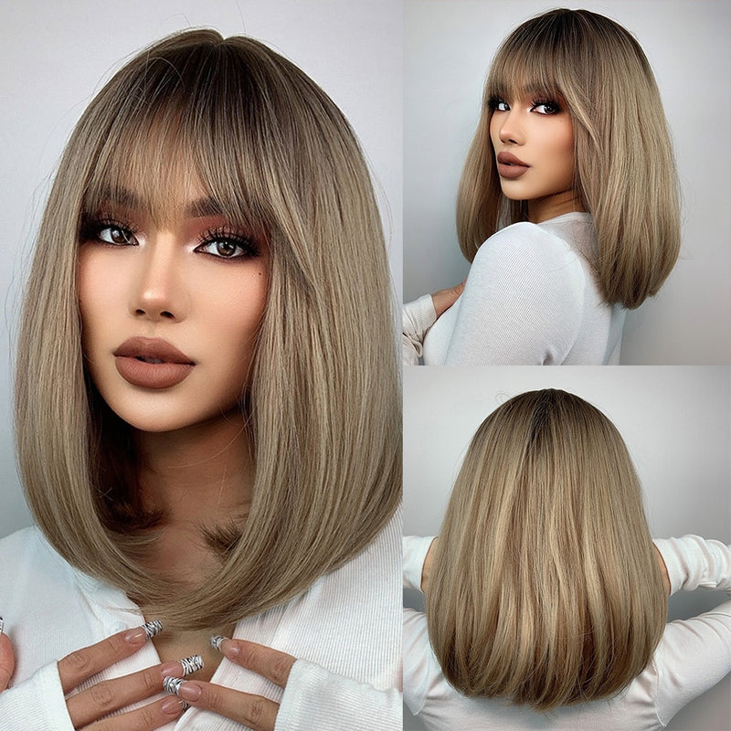 LOUIS FERRE Ombre Blonde Synthetic Wig with Bangs for Women Medium Length Layered Straight Bob Wigs Heat Resistant Daily Use Wig