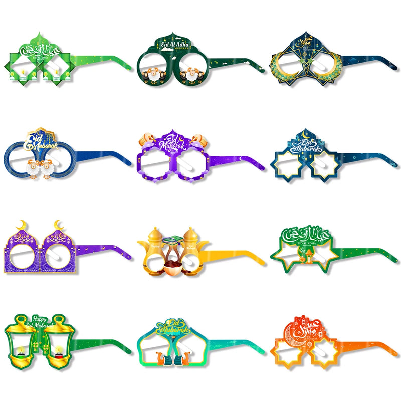 12/6pcs EID Mubarak Decoration Paper Glasses Frame Ramadan Islamic Muslim Photo Booth Props Kids Gift Eid Al Adha Party Supplies