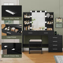 Quimoo 48" Großer Schminktisch mit Spiegel und Beleuchtung, Schminktisch mit 6 Schubladen, Steckdose, 4 Ablagefächern & Hocker, Schwarz