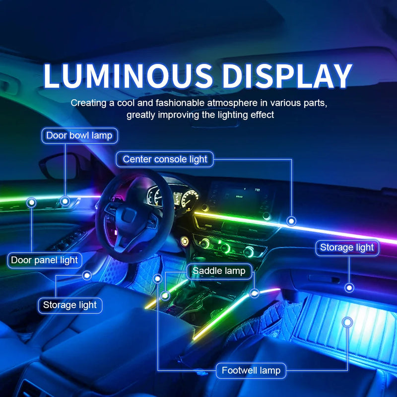 Dual Zone 18 In 1 Full Color Streamer Car Ambient Light RGB 64 Color LED Interior Acrylic Fiber Strip Decoration Atmosphere Lamp
