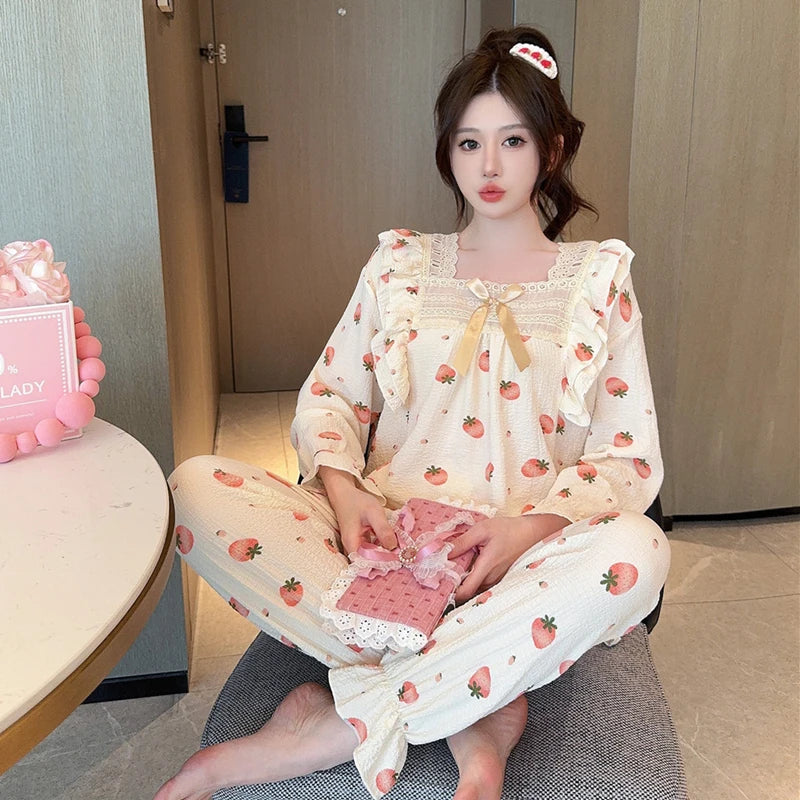 Lady Sweet Style Y2k Cartoon Women's Pajamas Bubble Cotton Bow Square Neck Female Nightgown 2024 Autumn New Youth Chic Sleepwear