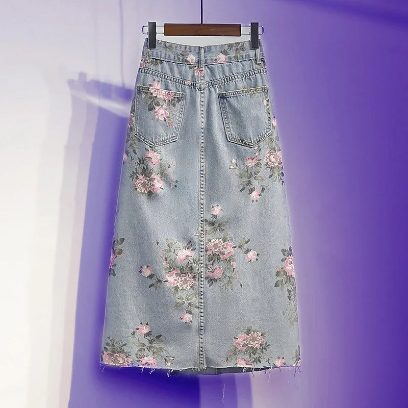 Flower Print Denim Skirt Summer Hight Waist Split A-Line Skirt Korean Style All Match Casual Jean Skirts Female