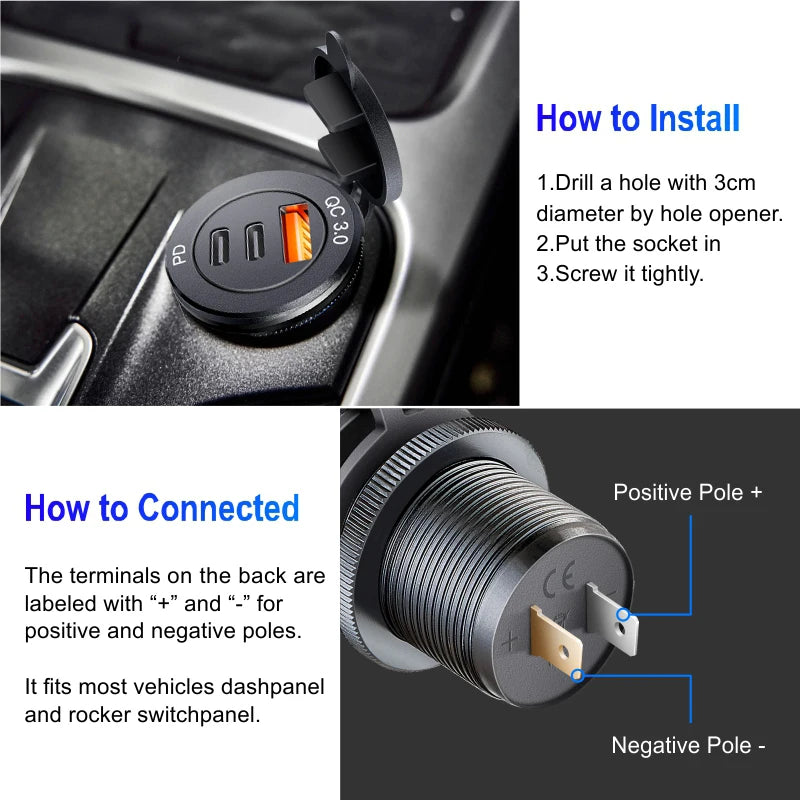 12v built-in usb car usb outlet 3.0 socket type-c Super adapter car Outlet Fast Charging for 12V 24V Truck Motorcycle RV Marine