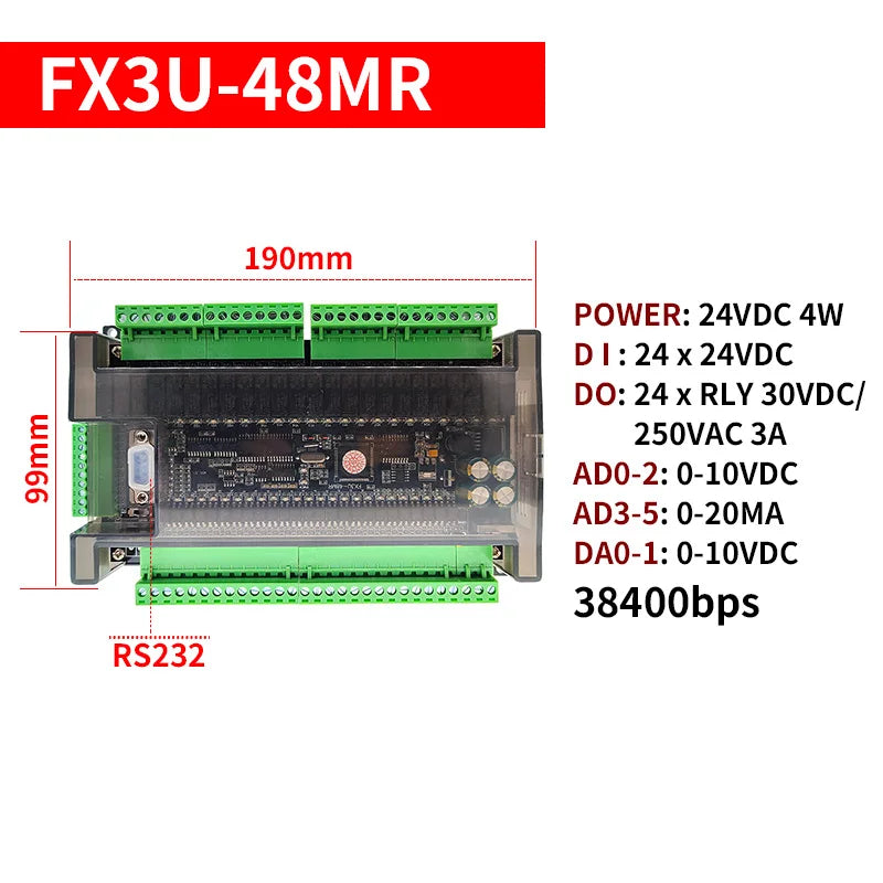 FX3U 48MR 48MT 24Input 24Output With RS232 RS485 38400bps Relay Transistor PLC Programmable Logic Controller 6AD 2DA