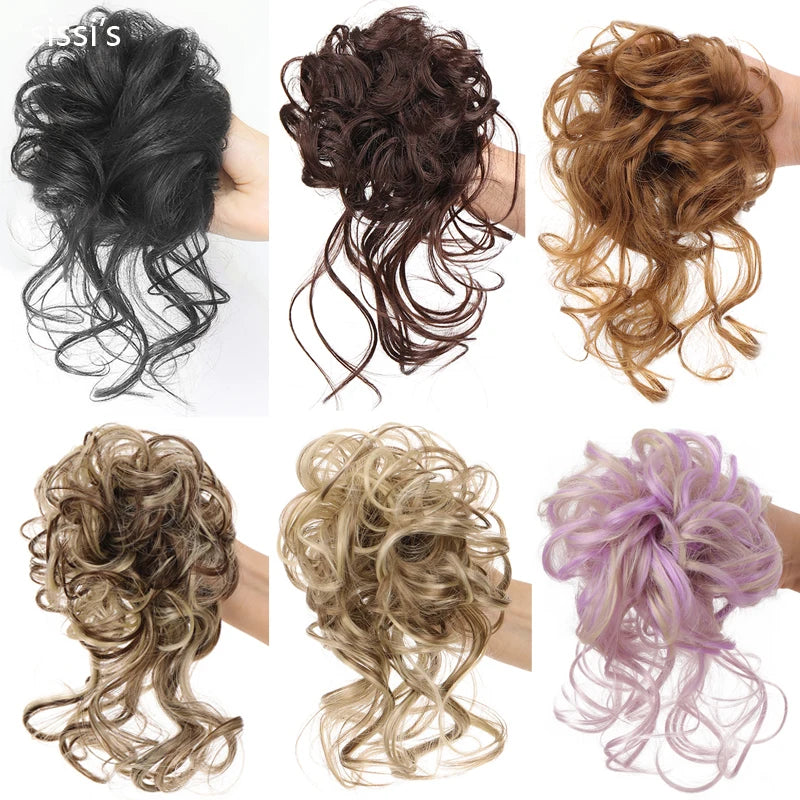 Synthetic Messy Fluffy Hair Bun Tousled Hairpiece Elastic Band Chignon Scrunchie Ponytail Extensions Hair Bow for women