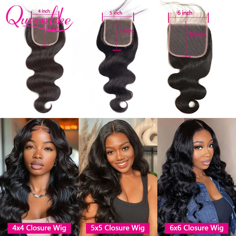 Queenlike 26 28 30 32 inch Body Wave Bundles 100% Human Hair with 4x4/5x5 Lace Closure Brazilian Raw Hair Bundles for Women