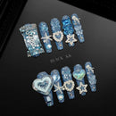 10Pcs Y2K Spicy Girl Long Coffin Handmade Press On Nails 3D Sanrio Hello Kitty Bear Pearl Diamond Pentagram Wearable False Nail