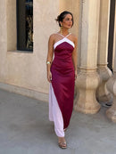 Color Blocking Scarf Collar Sling Dress Sexy Waist Cinching Chic Split Bodycon Maxi Dresses 2026 Lady Club Party Vestido
