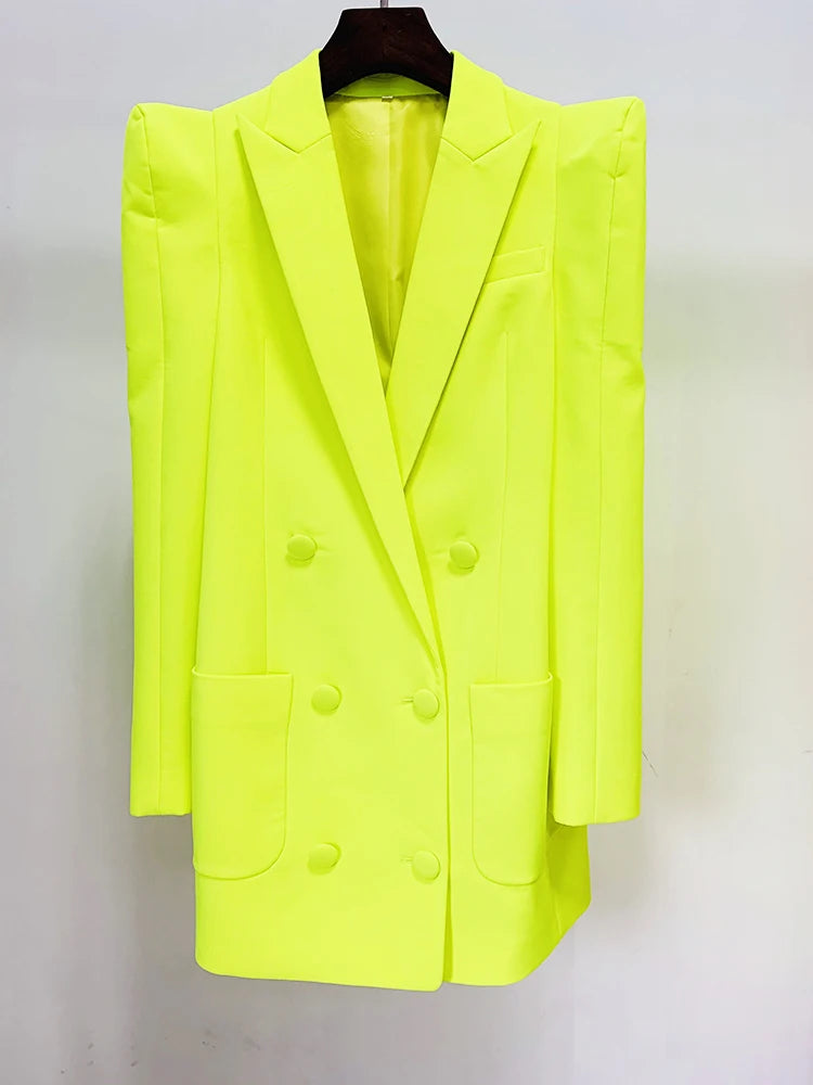 HIGH QUALITY Newest Fashion 2024 Designer Jacket Women Peak Strong Shoulder Double Breasted Long Blazer Fluorescein