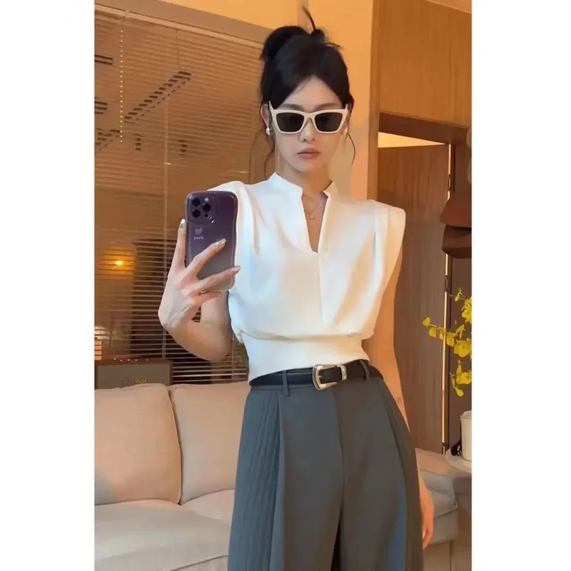 Iyundo Fashion Korean Style Women Summer Crop Tops T-shirt and Blouse Tight Short Flying Sleeve V-neck Formal Occasion Clothing