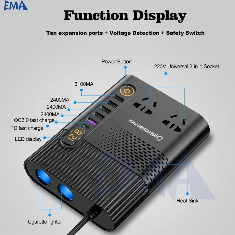 Car Inverter 200W 12V/24V To 220V Cigarette Lighter Power Supply Inverter Adapter with 4-Port USB QC 3.0 Charger Fast Charging