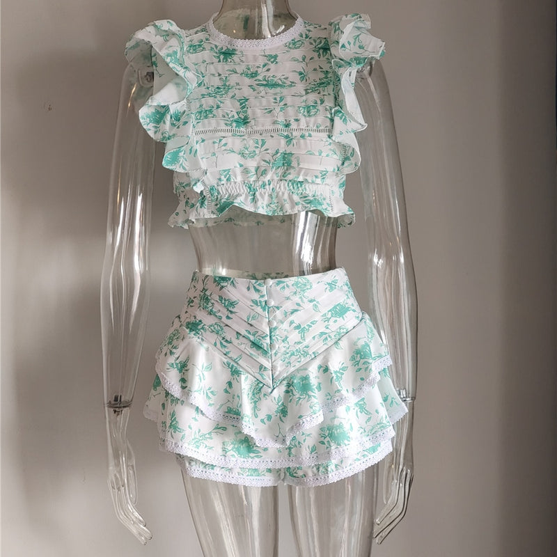 High Quality 2022 Sunday Set elastic waistband Cropped top with ruffle detail and cute ruffle mini shorts skirts