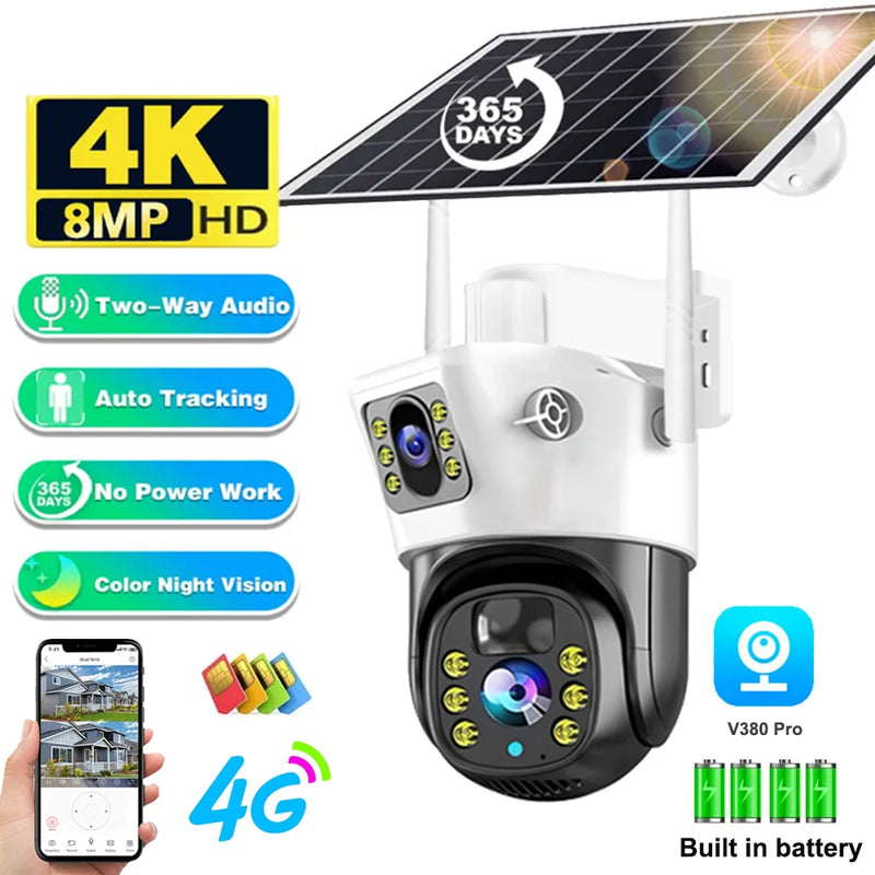 4MP/8MP 4G Camera With Solar Panel V380 Pro Outdoor Surveillance IP Camera Support Color Night Vision PIR Motion Detection Cam