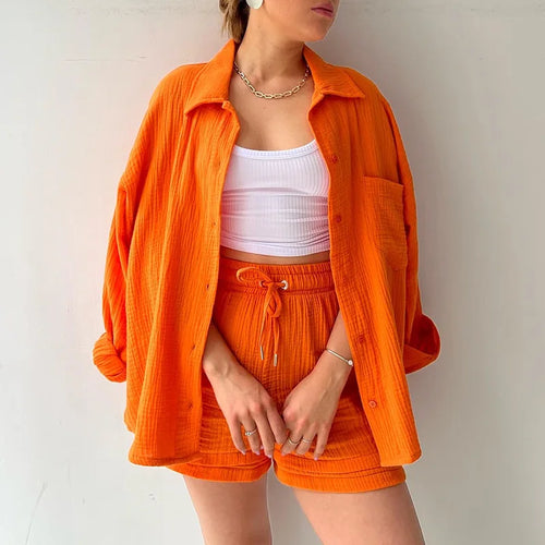 Summer Women Pajamas Fashion 100% Cotton Pink Loose Fitting Casual Pajamas 2-Piece Shorts Lace Up Lady Homewear Wearing Outside