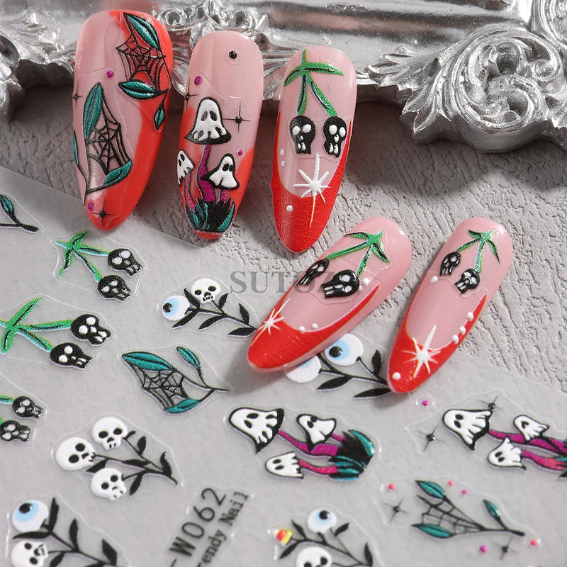 5D Embossed Halloween Nail Stickers Skull Chams Spooky Flower Ghost Nail Decals Spider Web Skeleton Sliders for Manicure NTJI-5D