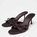 Sweet Bow Slippers for Women 2025 New Summer Thin Heel Flip-flops Versatile Pointed Toe Open Toe High Heel Cool Mop