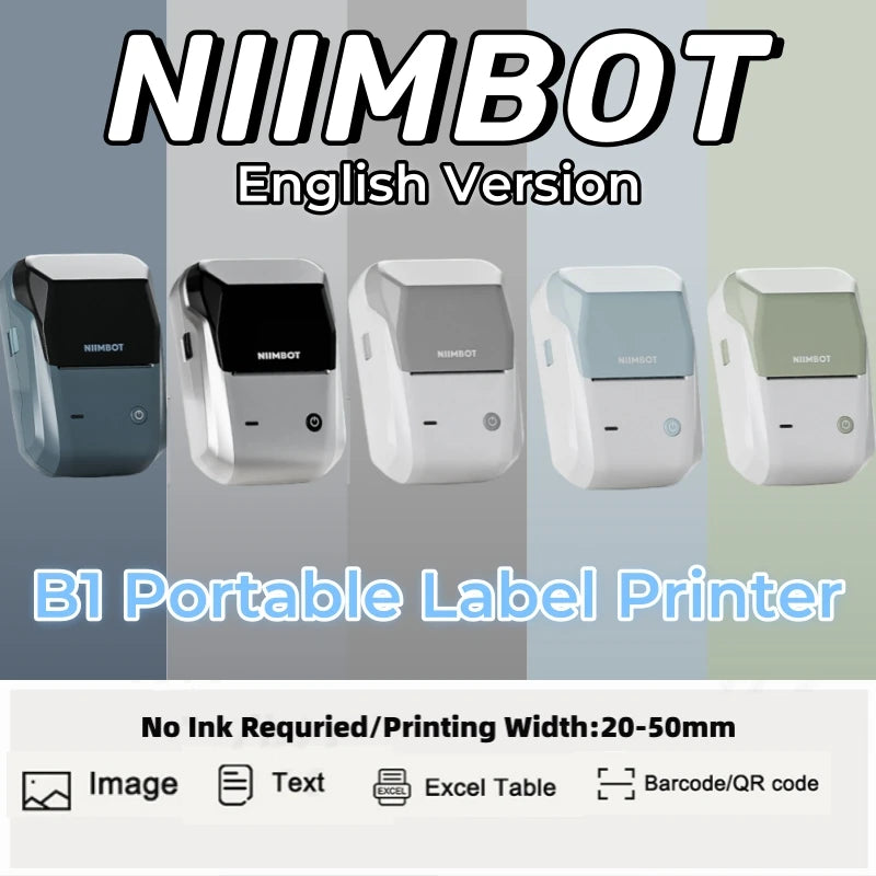 Niimbot B1 English Label Printer Portable Handheld Thermal Printer Mini Barcode QR Code Sticker Paper Color Rolls Maker Cable