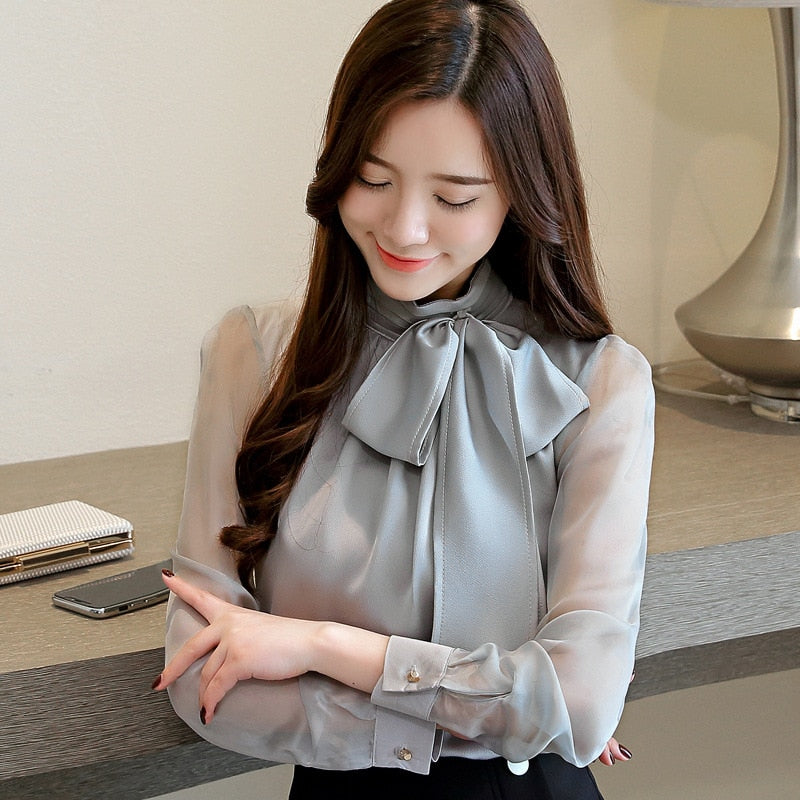 2022 New Summer Fashion Tunic Women Blouse Shirts Long Sleeve Tie Bow Chiffon Turtleneck Formal Women White Black Shirts