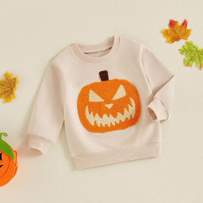 2024-05-15 Lioraitiin Little Boy Girl Halloween Sweatshirt Pumpkin Embroidery Crew Neck Long Sleeve Pullover Tops for Fall