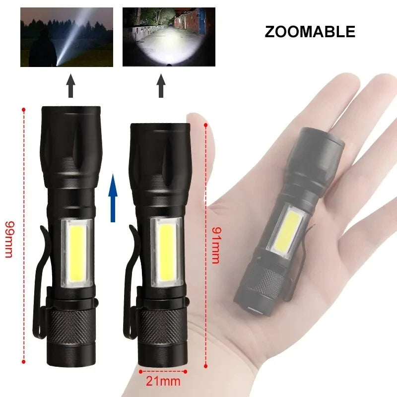 USB Rechargeable Mini LED Flashlight Zoomable COB+XPE Torch Outdoor Camping Hiking Waterproof Emergency Lighting Work Lantern