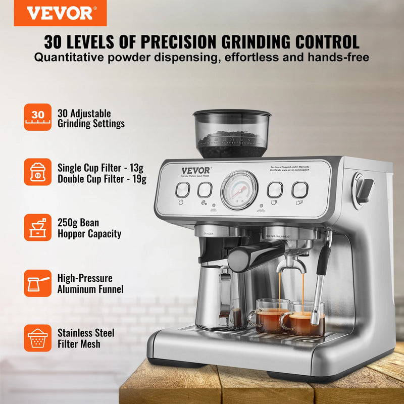 VEVOR Espresso Machine with Grinder 15 Bar Semi-Automatic Espresso Coffee Maker with Milk Frother Steam Wand