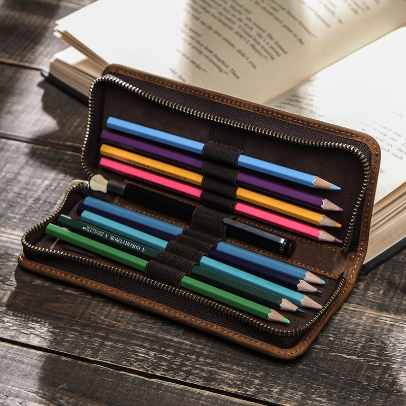 Genuine Cow Leather Zipper Pen Pouch Pencil Bag Pen Bag Retro Pencil Case School Stationery Bag For Fountain Pen Simple Style