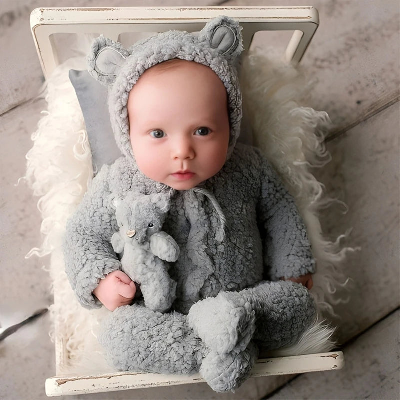 Cute Newborn Bear Bonnet and Pajama Set Infant Photo Prop Brown Plush Bear Ear Hat and Footie Romper Photoshoot Outfit