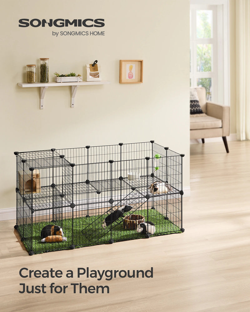 SONGMICS 2-Floor Metal Pet Playpen, 36 Grid Panels, Customisable Cage Enclosure for Small Animals, Guinea Pigs Hamster Runs