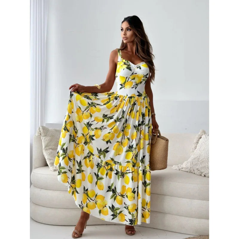 2024 Summer Maxi Dresses For Women Lemon Strap Fruit Print Strap Vacation Sress Robe Elegant Dresses For Women Robe Longue Femme