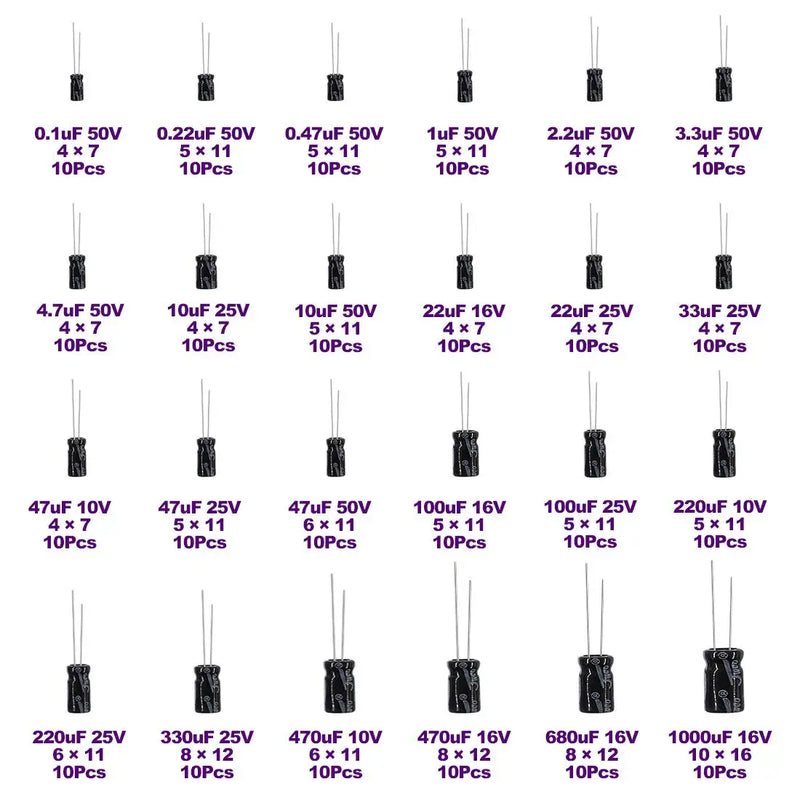 240pcs Aluminum Electrolytic Capacitor Electrolytic Capacitors Kit 24Value Range 0.1uF-1000uF Capacitors Assortment Kit