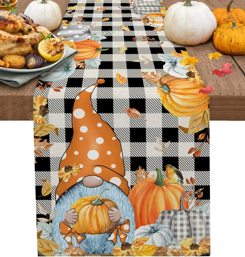 Fall Thanksgiving Gnome Pumpkin Maple Leaves Linen Table Runners Kitchen Decor Washable Table Runners Holiday Party Decoration