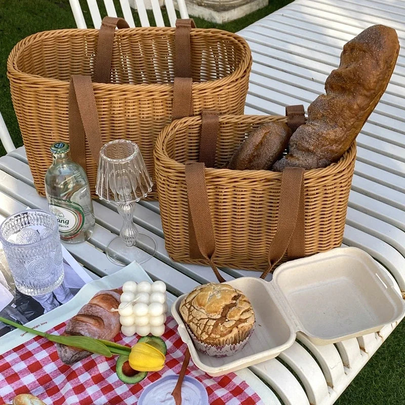 Woven Picnic Basket Multipurpose Wicker Basket Totes Storage Basket with Handle Rustic Life Shopping Organizer