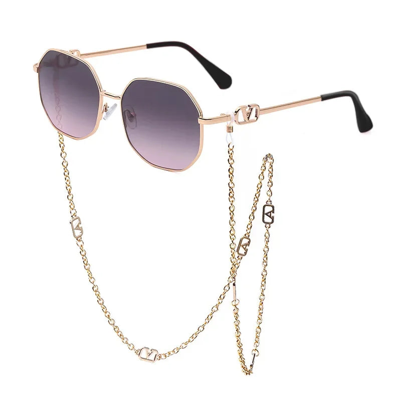 Men Women Punk Sun Glasses Brand Designer Retro Alloy Polygon Sunglasses Women Luxury Shades with A Chain Lanyard Sunglasses