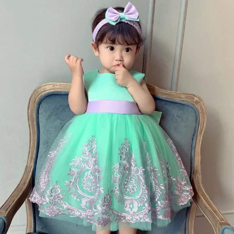 New Summer Baby Girls Party Dress Lace Sleeveless Floral Girl Bow Cake Dresses for Weddings Kids Children Clothes E7839