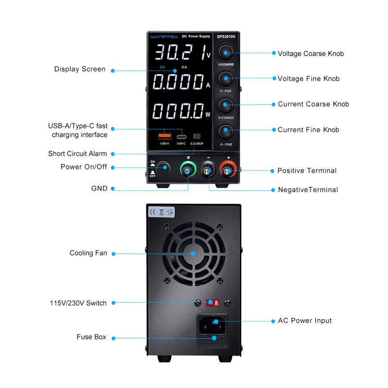 Wanptek Adjustable DC Power Supply 30V 10A 60V 5A with USB & Type C Regulated Switching Lab Bench Power Supply