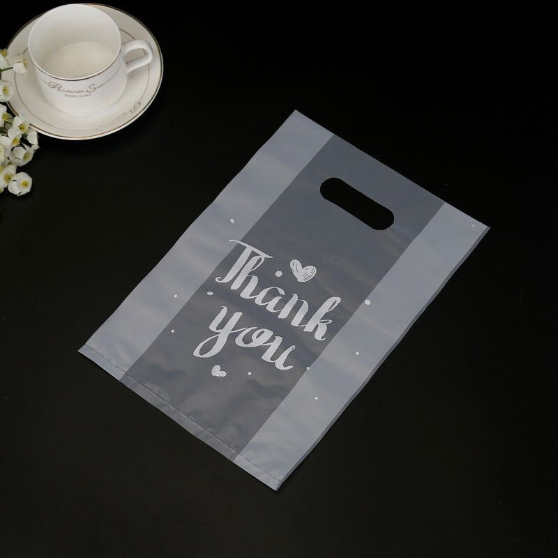 50pcs Thank You Plastic Bags Natal Gift Packaging Bag With Hand Shopping Bag Wedding Party Favor Candy Cake Wrapping Bags