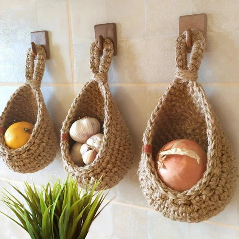 Hand-woven Basket Vegetable Fruit Basket Net Pocket Kitchen Hanging Net Pocket Rattan Storage Baskets Plant Flower Container