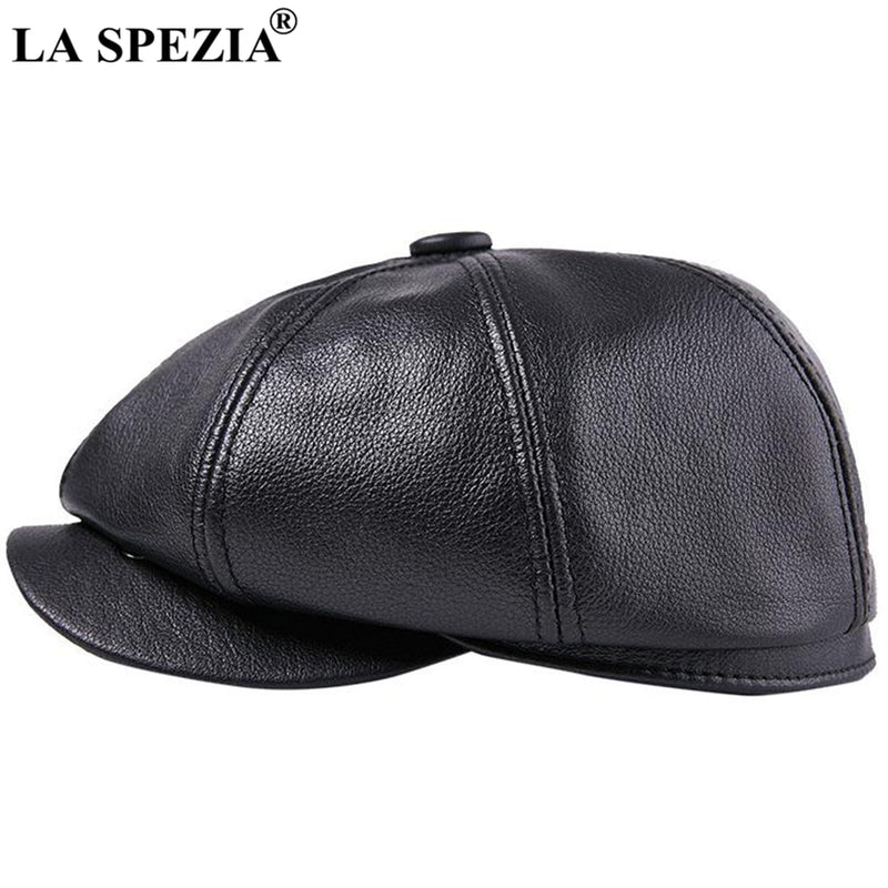 LA SPEZIA Octagonal Cap Real Leather Men Black Vintage Newsboy Caps Male Spring Casual Gatsby Hat Classic Painter Flat Hats